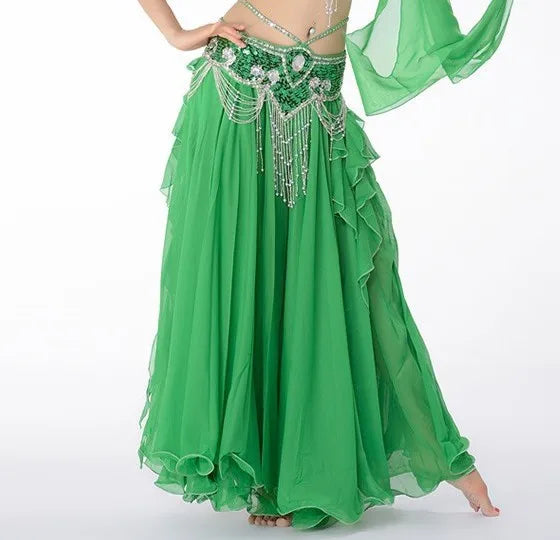 Belly Dance Skirt, Women's Pink Chiffon Ruffle Tiered Maxi Skirt, Flowy Tribal Dancewear