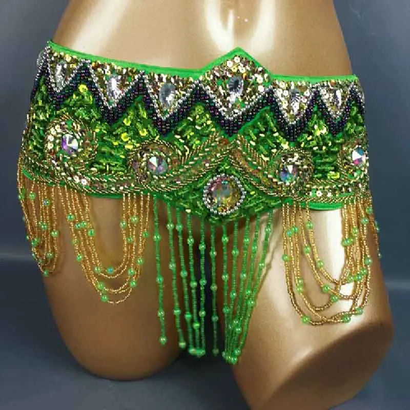 Belly Dance Hip Scarf, Women's Royal Blue Sequin & Bead Embellished Hip Belt with Gold & Iridescent Fringe, Tribal Fusion Dancewear