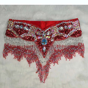 Belly Dance Hip Scarf, Women's Black & Silver Sequin Beaded Fringe Hip Belt, Tribal Dance Skirt