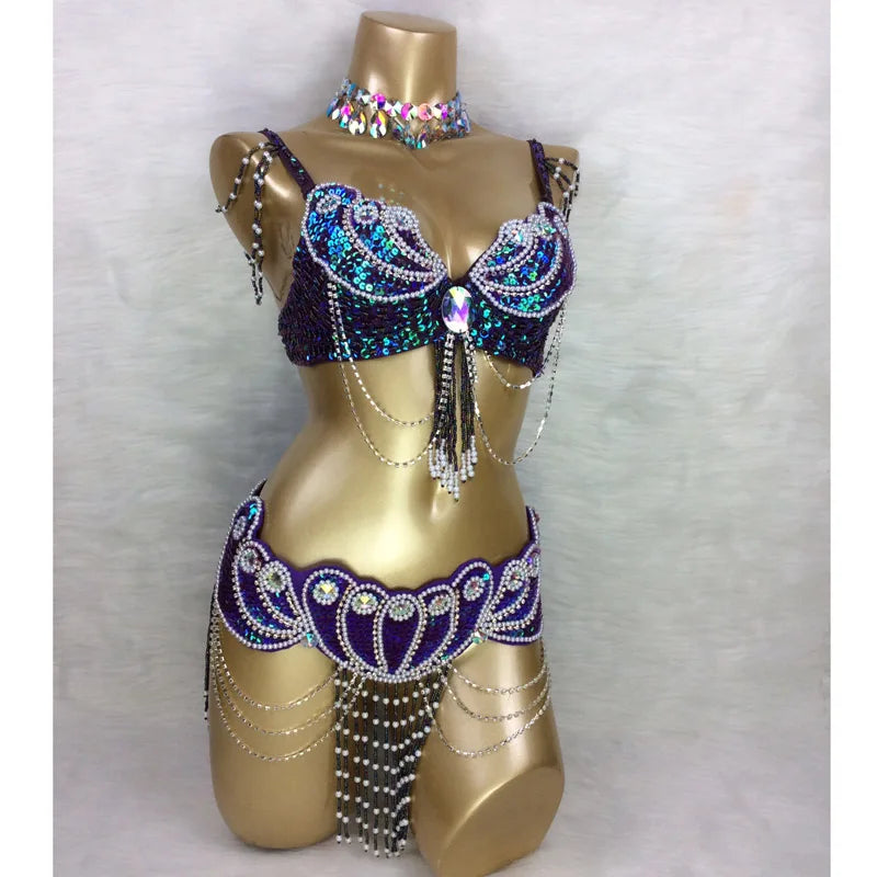 Belly Dance Costume, Women's Turquoise Sequin Beaded Chiffon Bra and Belt Set with Rhinestone Choker