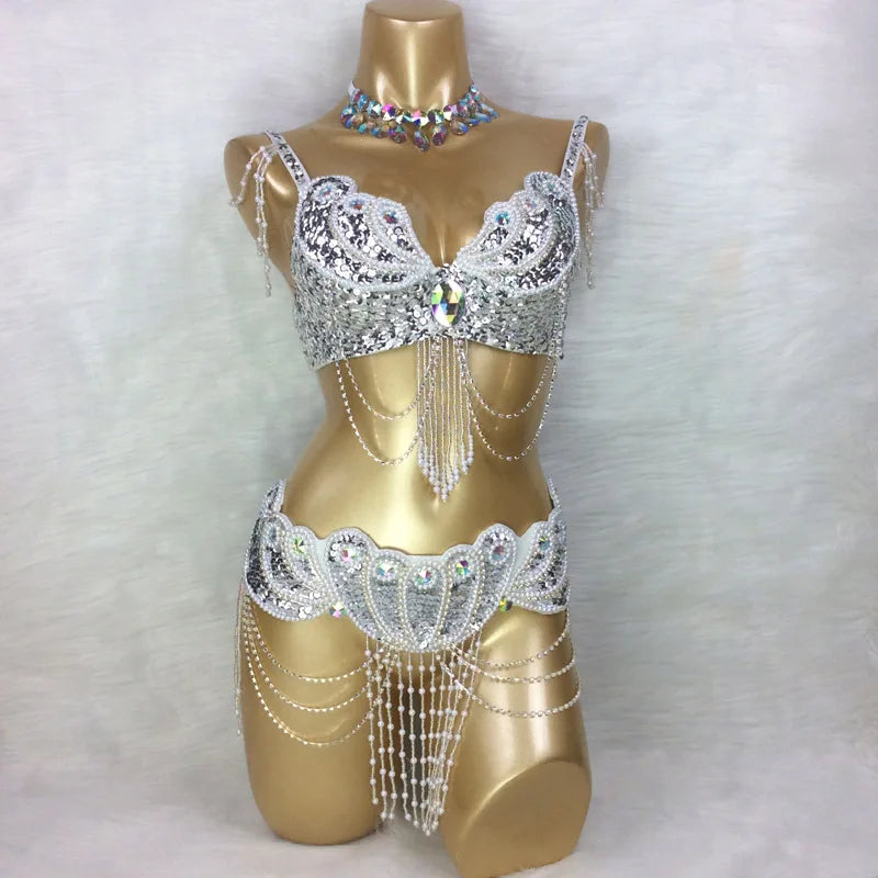 Belly Dance Costume, Women's Red Sequin & Bead Bra and Belt Set with Chains and Iridescent Choker, Performance Wear