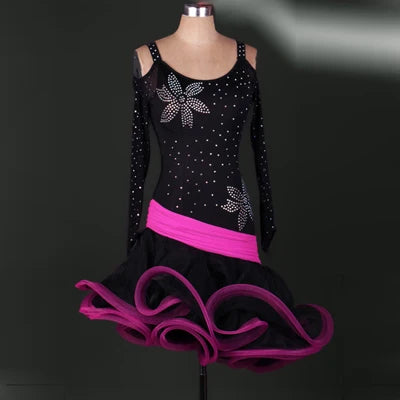 Women's Black & Red Rhinestone Latin Dance Dress, Long Sleeve, Ruffled Skirt, Ballroom Samba Salsa