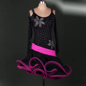 Women's Black & Red Rhinestone Latin Dance Dress, Long Sleeve, Ruffled Skirt, Ballroom Samba Salsa