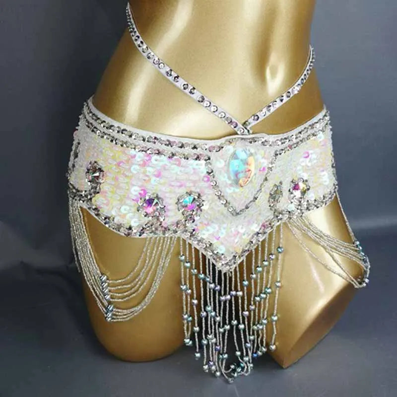 Belly Dance Hip Scarf, Women's Aqua Blue Sequin Beaded Tassel Belt, Professional Performance Costume