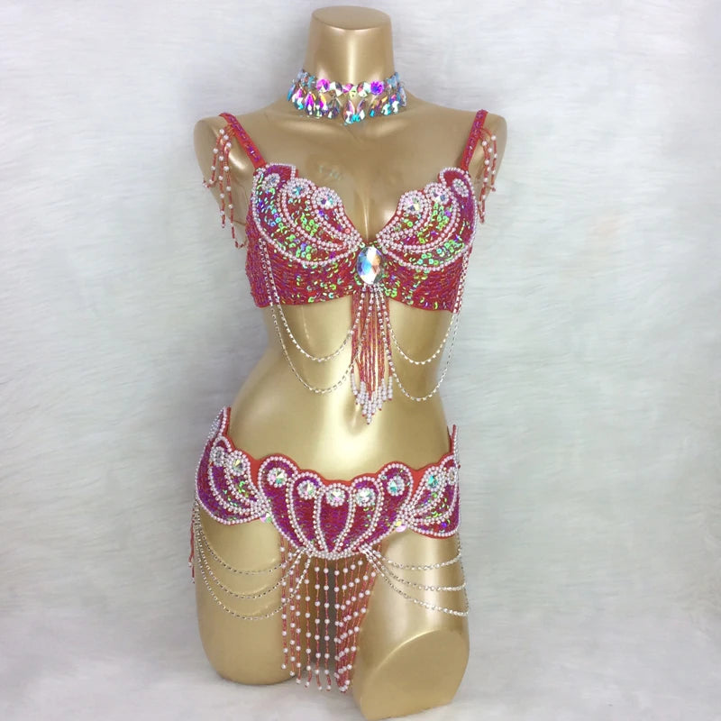 Belly Dance Costume, Women's Turquoise Sequin Beaded Chiffon Bra and Belt Set with Rhinestone Choker