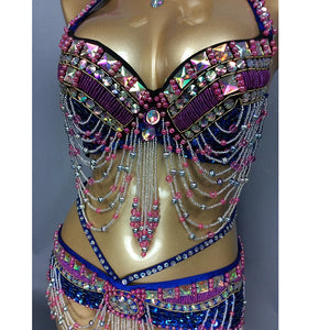 Belly Dance Costume Women's White Beaded Halter Bra and Belt Set with Iridescent Sequins and Dangling Chains