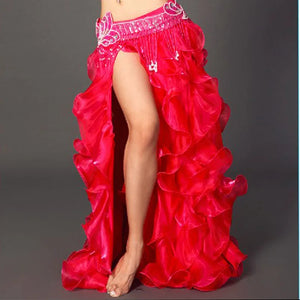 Belly Dance Skirt Women Orange Beaded Sequin Hip Scarf Ruffled Organza Slit Skirt Tribal Fusion Costume