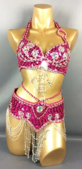 Belly Dance Costume, Women's Gold Sequin & Rhinestone Halter Bra & Hip Scarf Set with Beaded Fringe, Professional Performance Wear