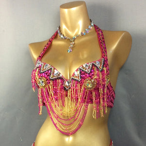 Belly Dance Bra Top Women's Fuchsia Beaded Sequin Halter Neck with Draped Chains and Rhinestones