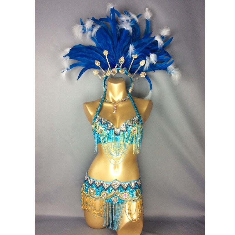 hot selling Sexy Samba Rio Carnival Costume new belly dance costume with Turquoise Feather Head piece C201152
