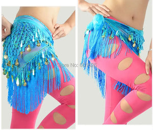 Belly Dance Hip Scarf, Women's Blue Tie-Dye Fringe & Sequin Coin Belt, Asymmetrical Tassel Skirt for Tribal Fusion & Practice