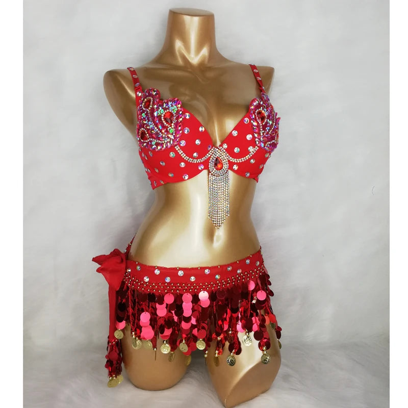 Women's Blue Sequin Beaded Fringe Belly Dance Costume Bra and Belt Set
