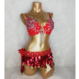 Women's Blue Sequin Beaded Fringe Belly Dance Costume Bra and Belt Set