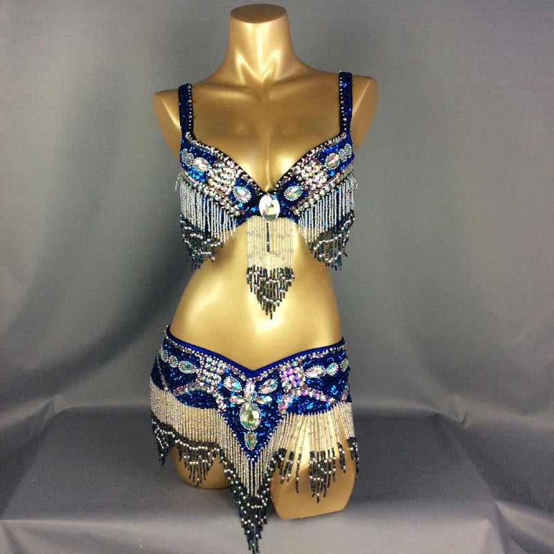 Women's Black & Silver Beaded Sequin Fringe Belly Dance Costume Set