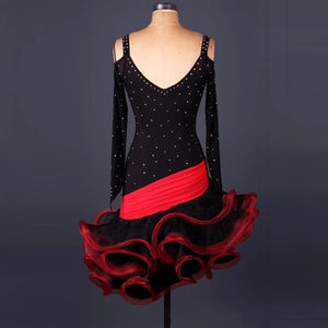 Women's Black & Red Rhinestone Latin Dance Dress, Long Sleeve, Ruffled Skirt, Ballroom Samba Salsa