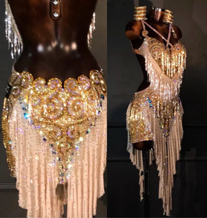 Women's Gold & White Rhinestone Fringe Latin Rhythm Dance Dress