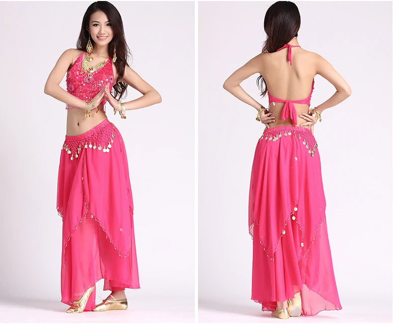 Women's Royal Blue Sequin Halter Belly Dance Costume Set with Coin Skirt