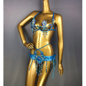 Belly Dance Bra and Belt Set, Women's Red Sequin Rhinestone Beaded Halter Top and Hip Scarf, Cabaret Dancewear