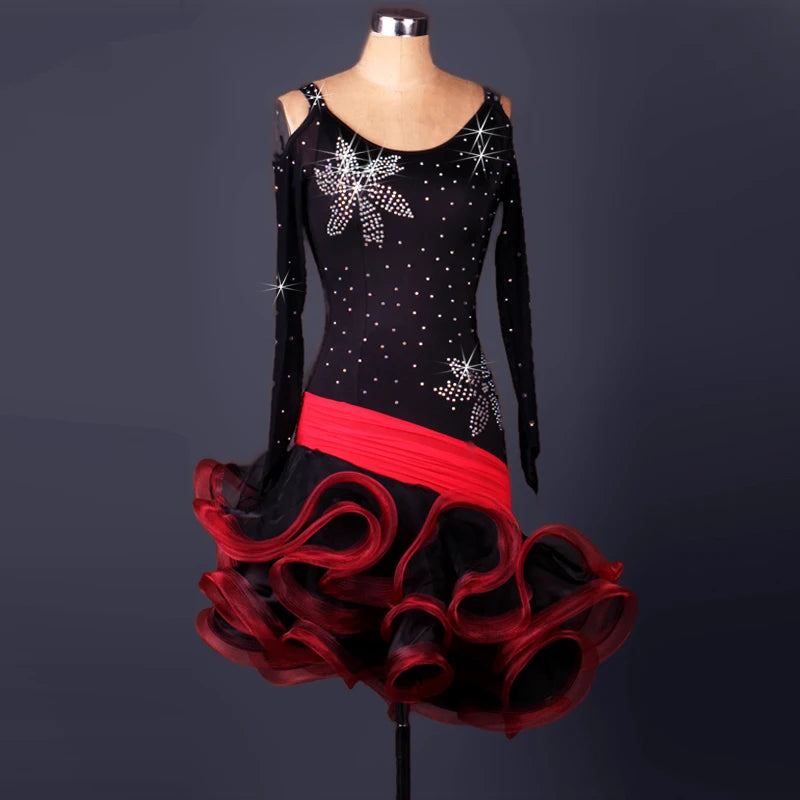 Women's Black & Red Rhinestone Latin Dance Dress, Long Sleeve, Ruffled Skirt, Ballroom Samba Salsa