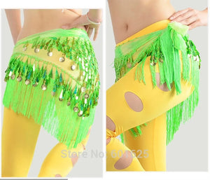 Belly Dance Hip Scarf, Women's Blue Tie-Dye Fringe & Sequin Coin Belt, Asymmetrical Tassel Skirt for Tribal Fusion & Practice