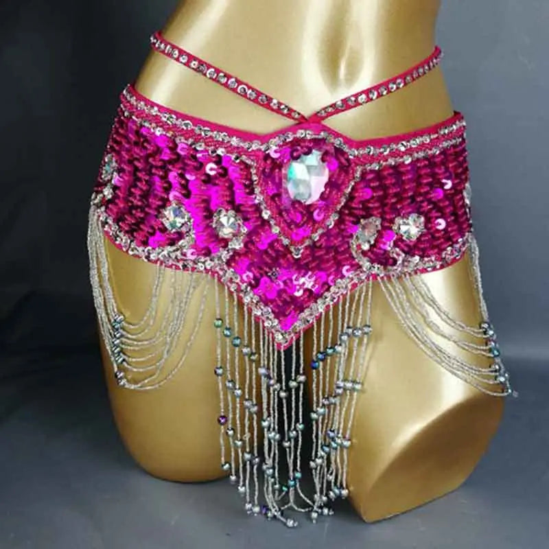 Belly Dance Hip Scarf, Women's Aqua Blue Sequin Beaded Tassel Belt, Professional Performance Costume