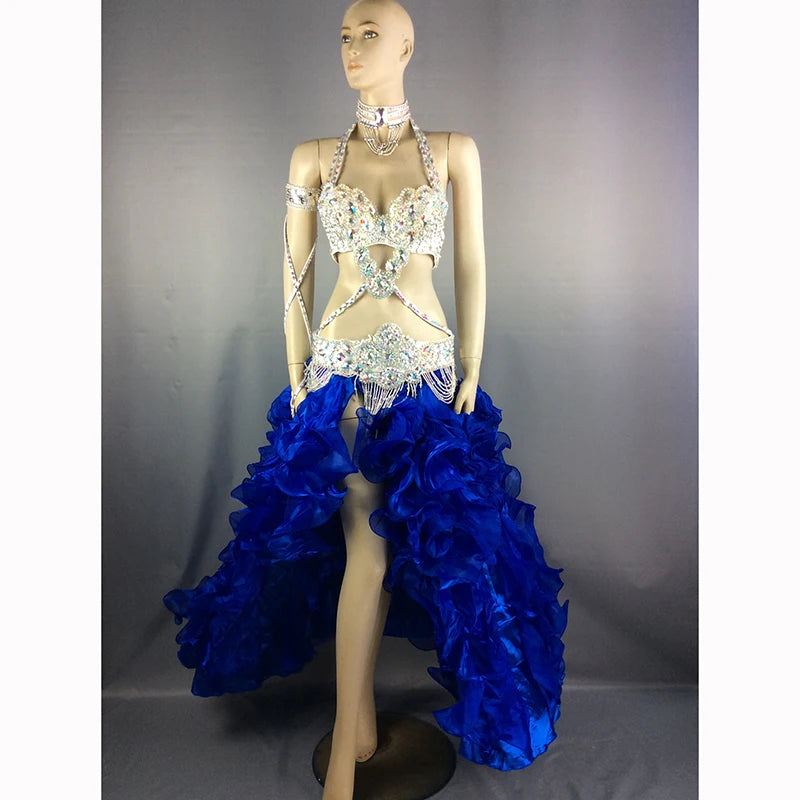 Women's White Sequin & Rhinestone Embellished Halter Neck Belly Dance Costume with Ruffled High-Low Skirt