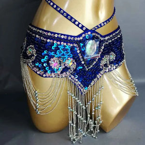 Belly Dance Hip Scarf, Women's Aqua Blue Sequin Beaded Tassel Belt, Professional Performance Costume