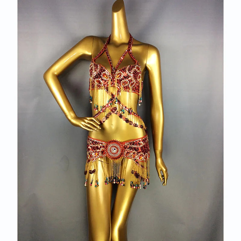 Belly Dance Costume Women's Blue Sequin Beaded Fringe Halter Top and Hip Scarf Set for Eastern Dance Performance