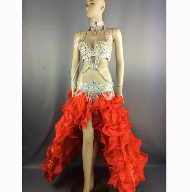 Women's White Sequin & Rhinestone Embellished Halter Neck Belly Dance Costume with Ruffled High-Low Skirt