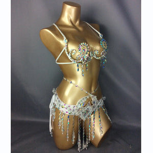 Belly Dance Bra and Belt Set, Women's Red Sequin Rhinestone Beaded Halter Top and Hip Scarf, Cabaret Dancewear