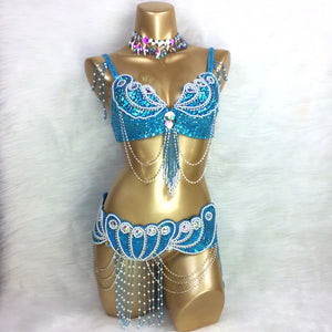 Belly Dance Costume, Women's Turquoise Sequin Beaded Chiffon Bra and Belt Set with Rhinestone Choker
