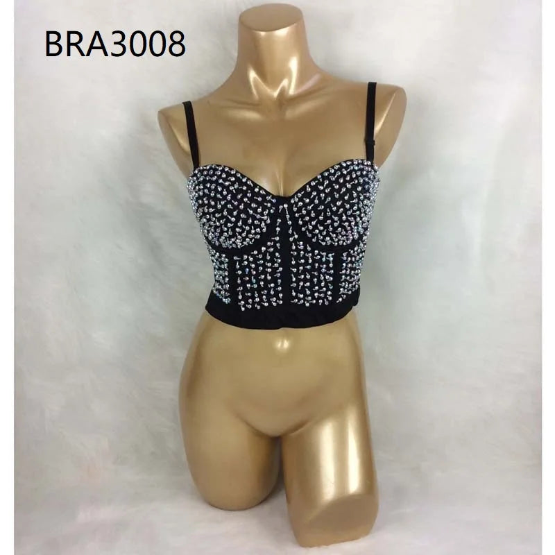 Hot Bras For Women New Punk Style Beaded Sequined Party Club Bra Black Push Up Rave Studded Bra Nightclub Bras Clubwear bra3008