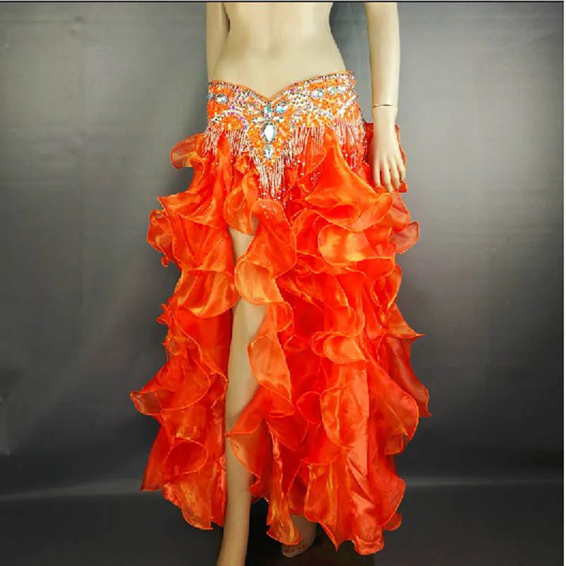 Belly Dance Skirt Women Orange Beaded Sequin Hip Scarf Ruffled Organza Slit Skirt Tribal Fusion Costume