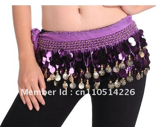 Belly Dance Hip Scarf for Women, Blue Sequin & Coin Fringe, Chiffon & Spandex, Tribal Fusion Bellydance