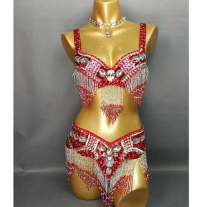 Women's Black & Silver Beaded Sequin Fringe Belly Dance Costume Set