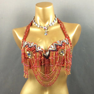 Belly Dance Bra Top Women's Fuchsia Beaded Sequin Halter Neck with Draped Chains and Rhinestones