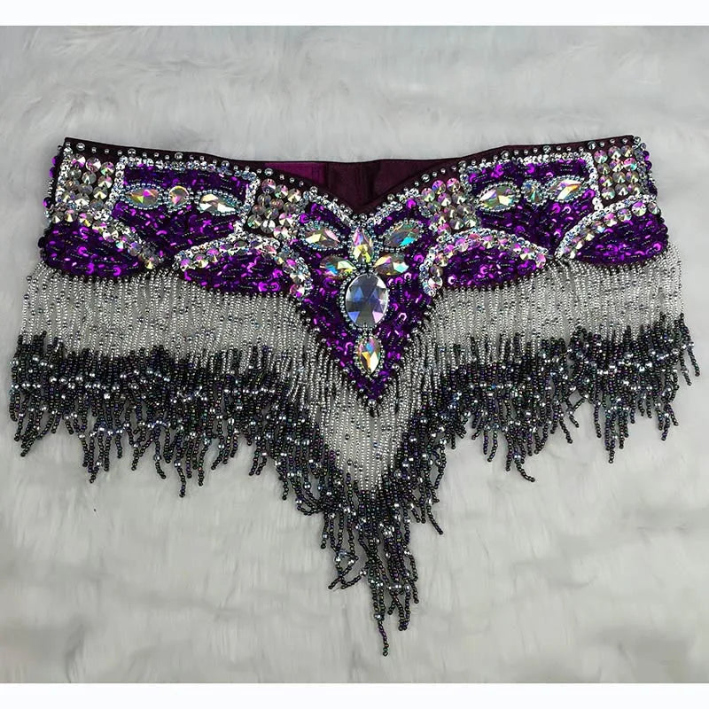 Belly Dance Hip Scarf, Women's Black & Silver Sequin Beaded Fringe Hip Belt, Tribal Dance Skirt