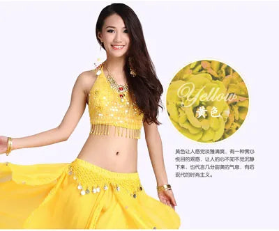 Women's Royal Blue Sequin Halter Belly Dance Costume Set with Coin Skirt