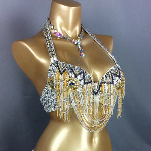 Belly Dance Bra Top Women's Fuchsia Beaded Sequin Halter Neck with Draped Chains and Rhinestones