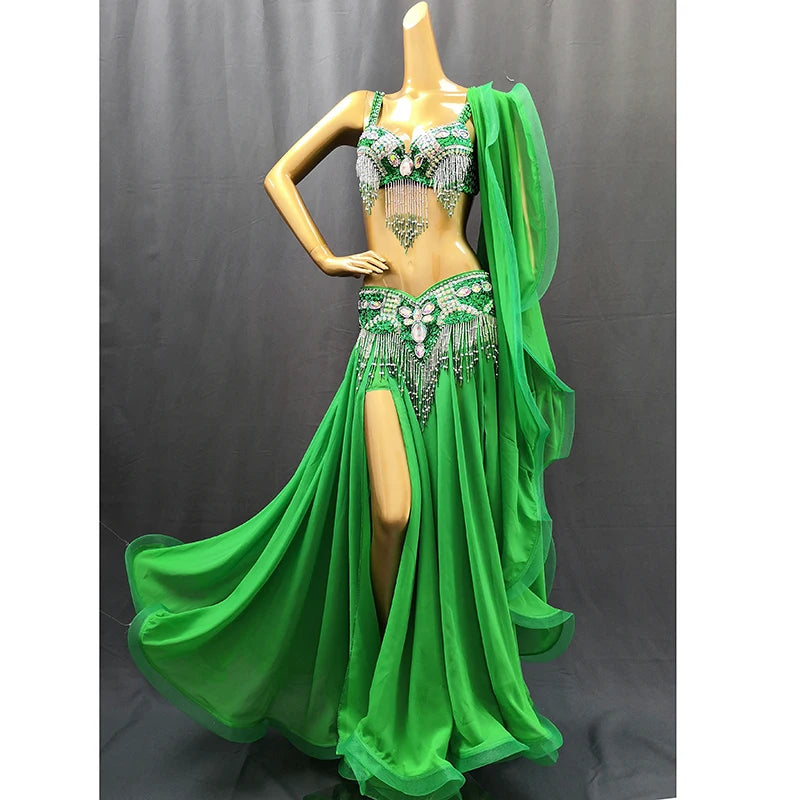 Belly Dance Costume Women Purple Beaded Bra & Slit Skirt Set Chiffon Tribal Dancewear