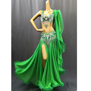 Belly Dance Costume Women Purple Beaded Bra & Slit Skirt Set Chiffon Tribal Dancewear