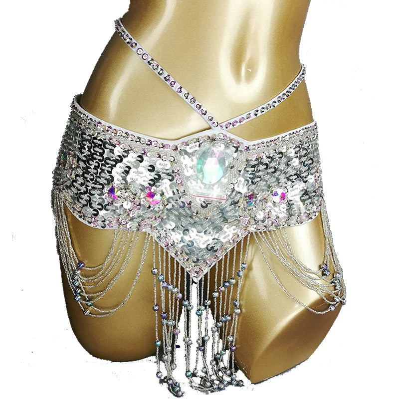 Belly Dance Hip Scarf, Women's Aqua Blue Sequin Beaded Tassel Belt, Professional Performance Costume