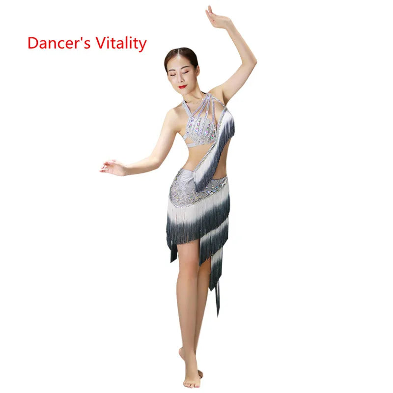 Belly Dance Costume Women's White & Grey Fringe Sequin Asymmetrical Skirt & Bra Top Set for Performance