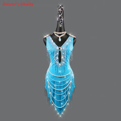 Latin Dance Dress Women's Blue Rhinestone Fringe Pearl Beaded V-Neck Backless Sleeveless Ballroom Salsa Rumba Performance Dress