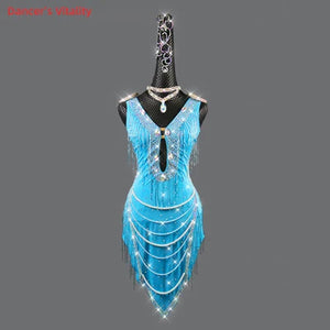 Latin Dance Dress Women's Blue Rhinestone Fringe Pearl Beaded V-Neck Backless Sleeveless Ballroom Salsa Rumba Performance Dress