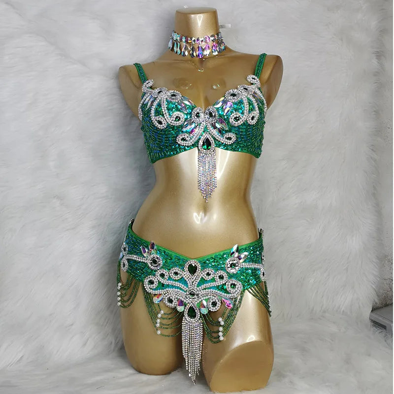 Belly Dance Costume Women's White Sequin & Rhinestone Choker Bra Belt Set with Beaded Fringe