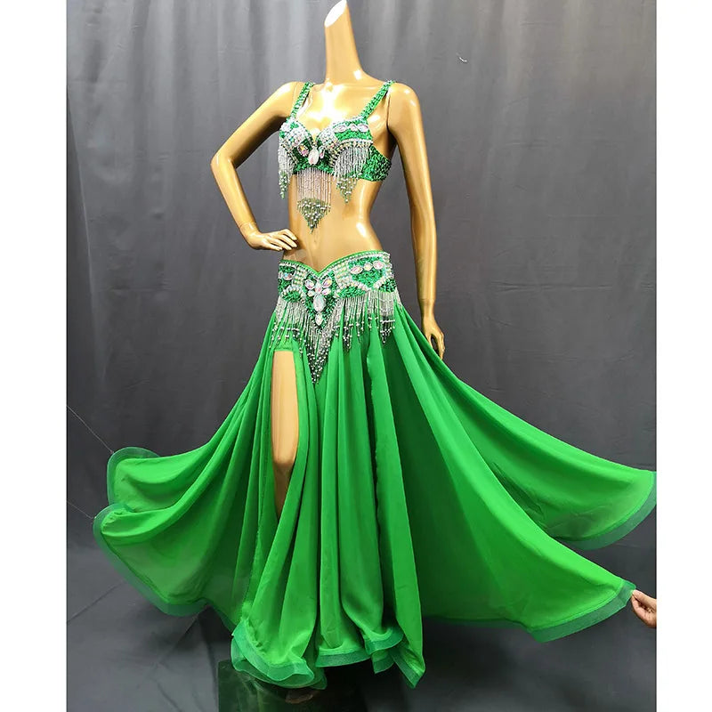 Belly Dance Costume Women Purple Beaded Bra & Slit Skirt Set Chiffon Tribal Dancewear