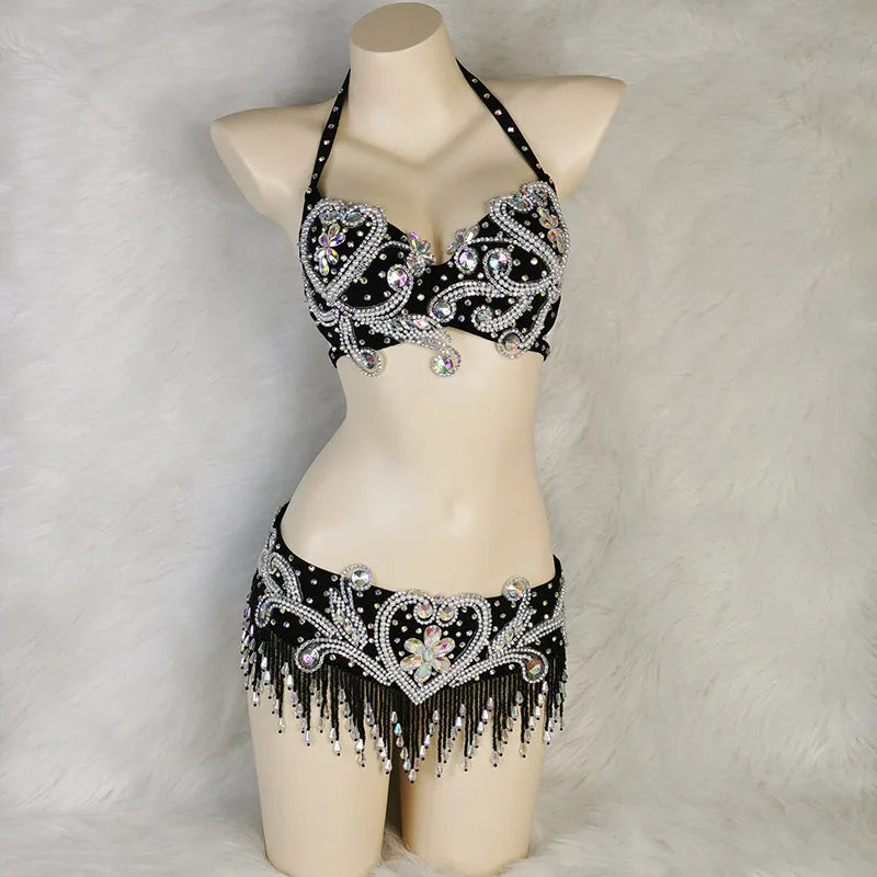 Belly Dance Costume Womens Royal Blue Halter Bra and Hip Scarf with Silver Embroidery, Rhinestones, and Beaded Fringe for Performance