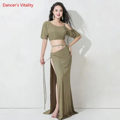 Belly Dance Women's Purple Shimmer Crop Top and High Slit Maxi Skirt Set, Sequin Trim, Performance Costume