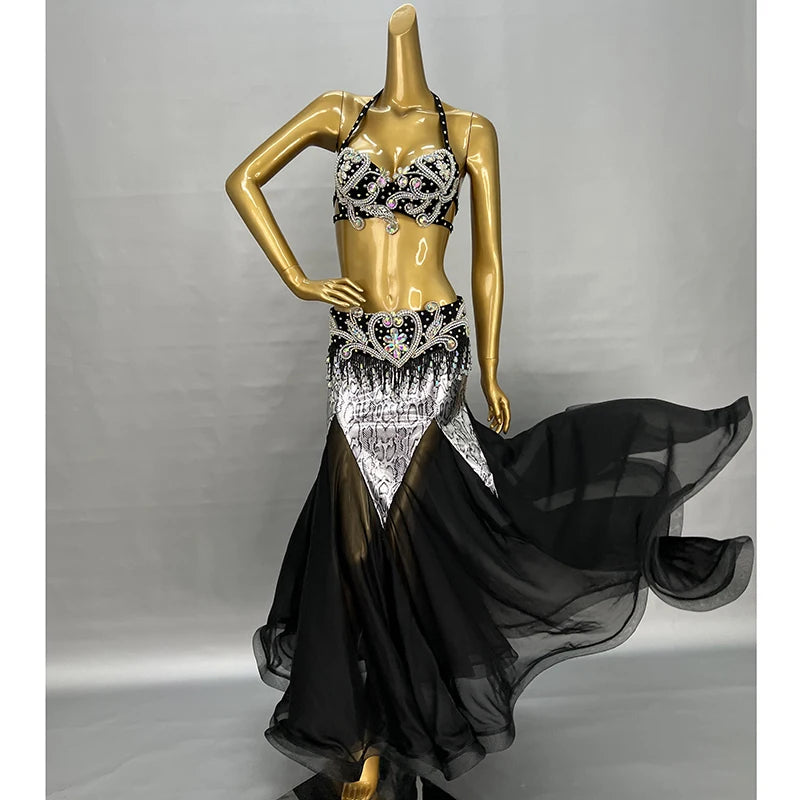 Professional Belly Dance Costumes Women Rhinestone Bra Belt Long Skirt 3pcs Belly Dancing Set Carnival Costume Clothes Outfits TF1909+SK1910 Black